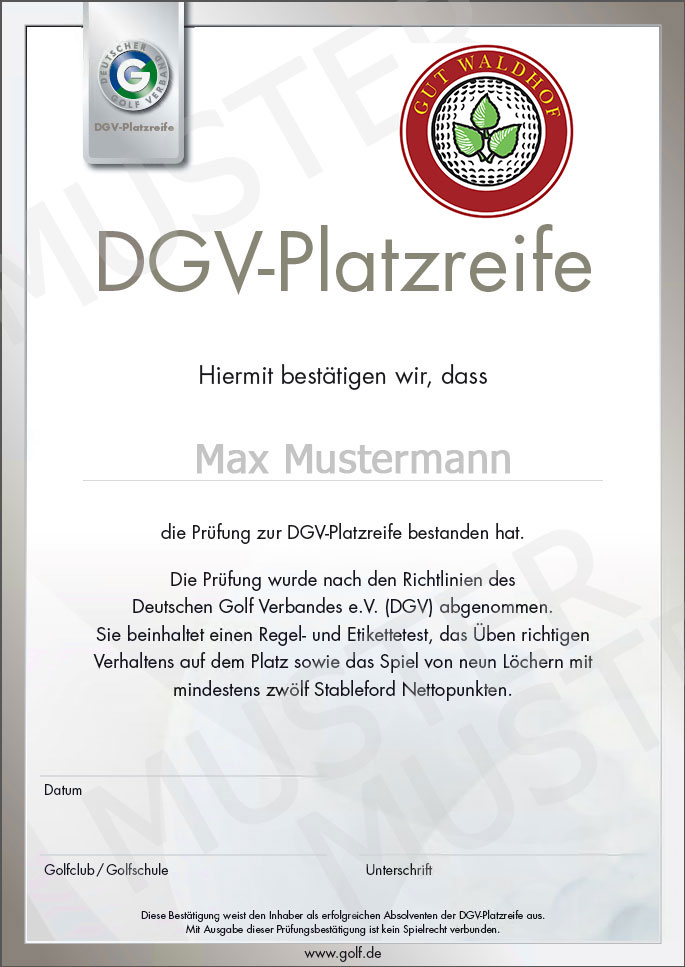 Platzreife bei Hamburg - Urkunde des DGV (Deutscher Golf Verband)